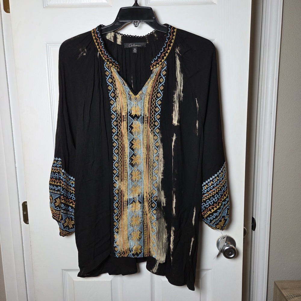 Calessa sz 2X black rayon embroidered tunic top NWT art to wear boho chic